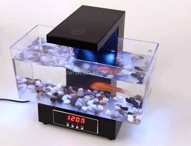 Rockyin Multifunctional USB Rechargeable Mini Fish Tank Aquarium with Clock Function LED Light Black