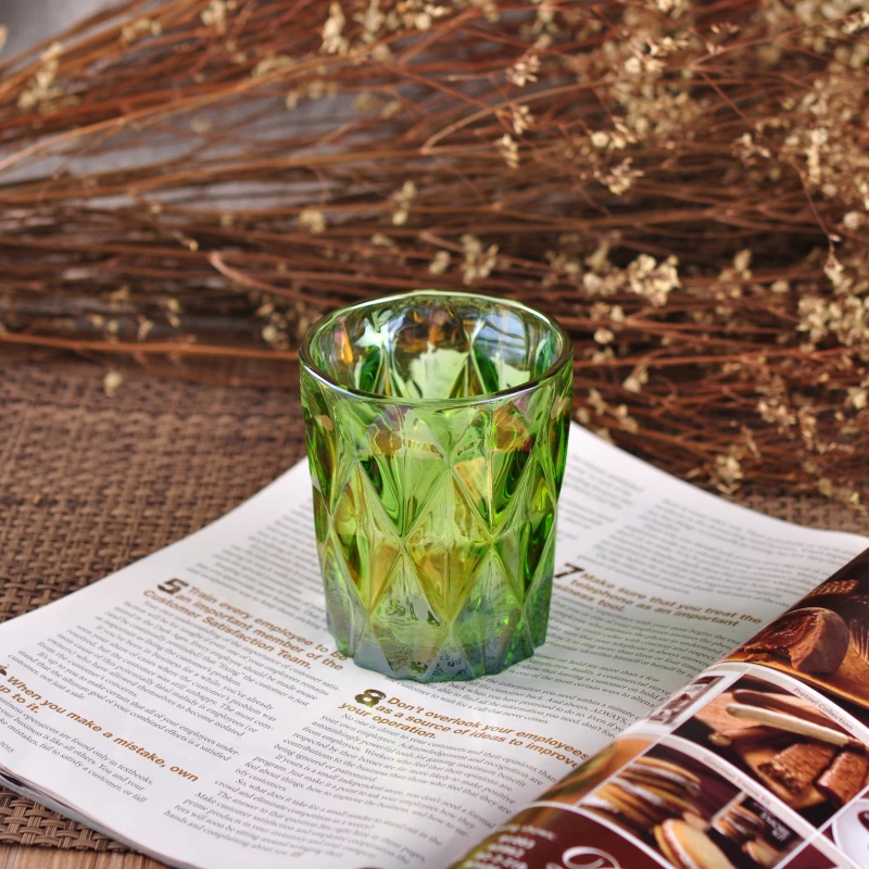 Green iridescent diamond glass candle jars home decoration wholesale