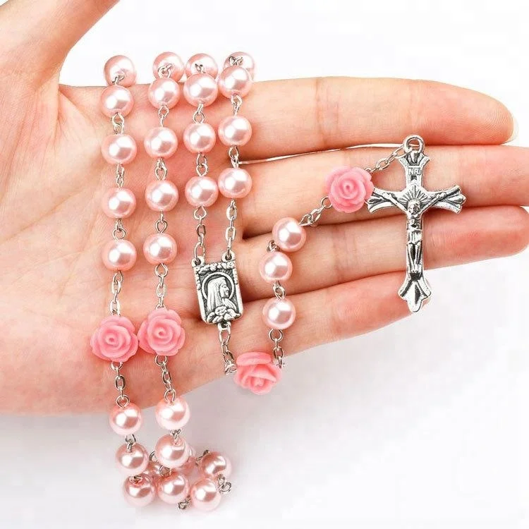 2019 Wholesale Catholic Saint Pray Pearl Rosary Necklace Jesus Crucifix Cross Pendant Necklace
