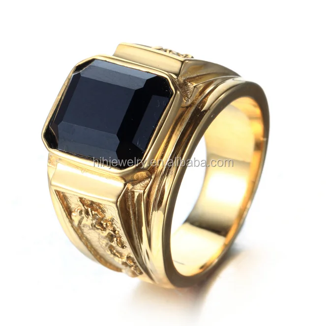 Fashion Black Diamond Stone Ring Single Stone Gold Ring Big Stone Mens