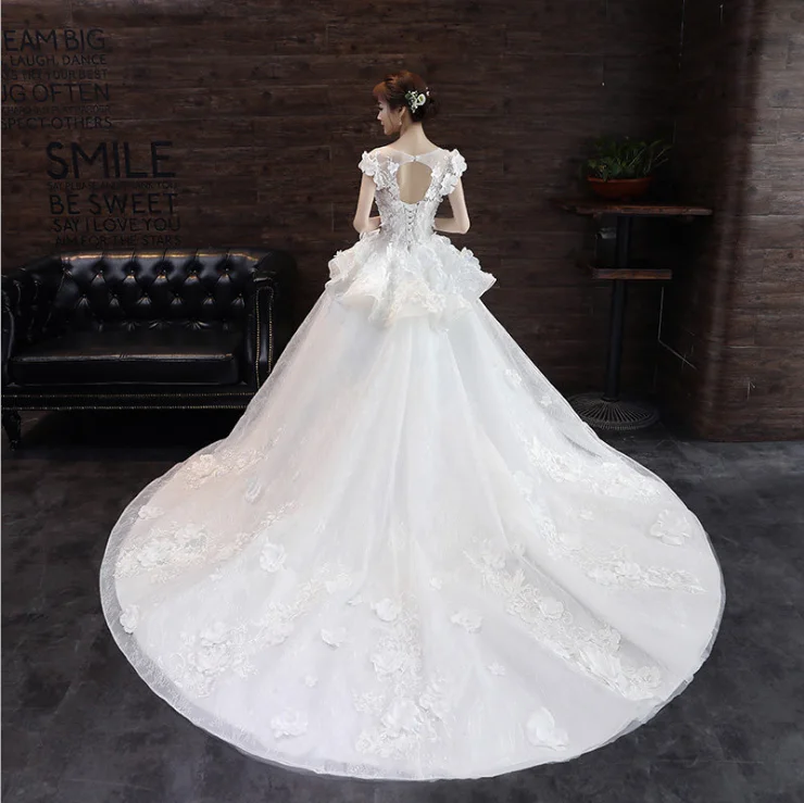 ZH2352G Fabulous Ruffles Crew Neckline Princess Ball Gown Wedding Dresses Lace Appliques Cap Sleeves Court Train Bridal Gown