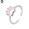 Pink Cat Dog Bear Claw Print Cute Heart Hollow 925 Sterling Silver Animal Opening Adjustable Ring