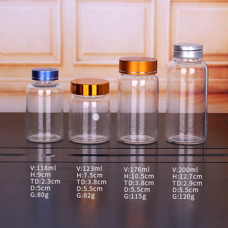 Medicine Pill Glass Bottles 200ml Empty Glass Bottles With Metal Lids
