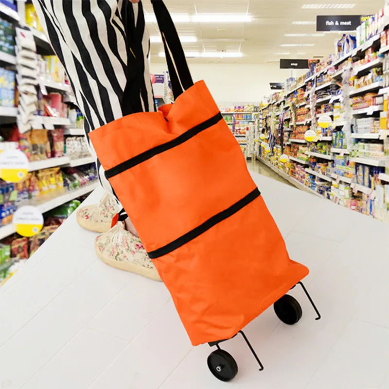Green Polyester Grocery Foldable Vegetable Shopping Trolley Bag With 2