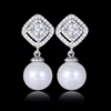 Elegant Square Cubic Zircon Crystal Pearl Pendant Stud Earrings with 925 Silver post