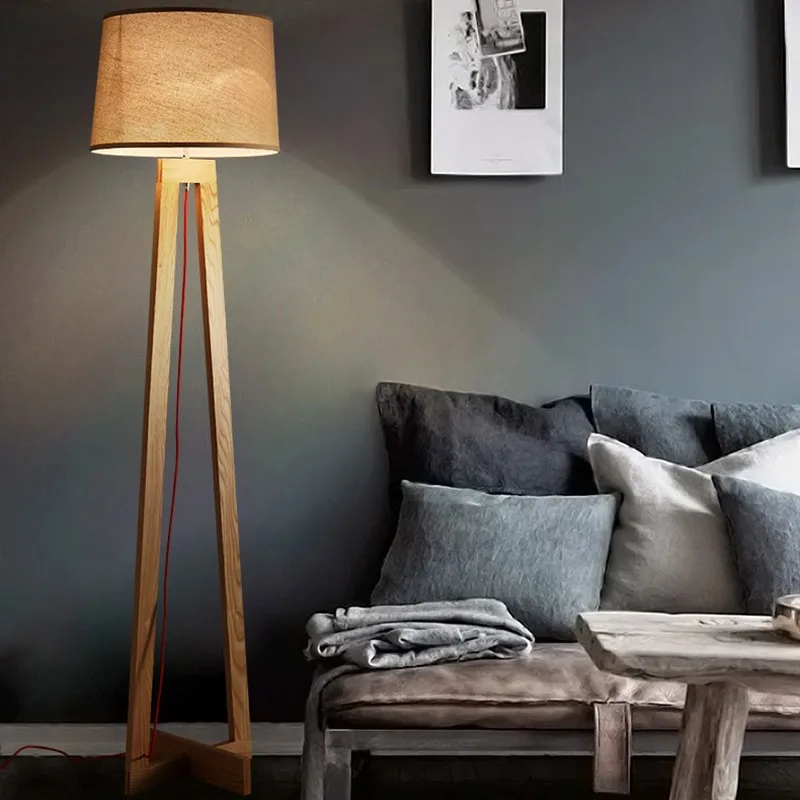 Modern Wood Floor Standing Lamps Fabric Lampshade Cord Wooden