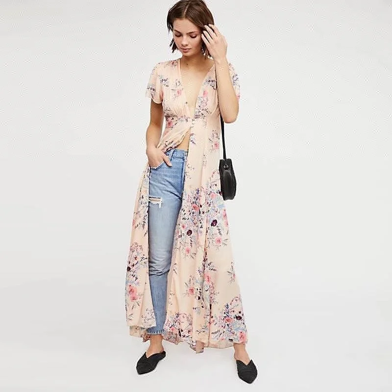 
Ebay Amazon Euramerican Sexy Deep V Neck Short Sleeve Floral Printed Pink Maxi BOHO Long Dress 