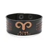 New 12constellation Vintage Adjustable Metal Studded PU leather Wide Charm Men Wide Bangle Genuine Leather Cuff Bracelet