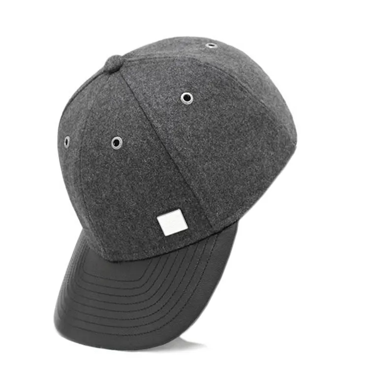 Custom Grey Wool No Logo Baseball Cap With Leather Curved Brim Baseball