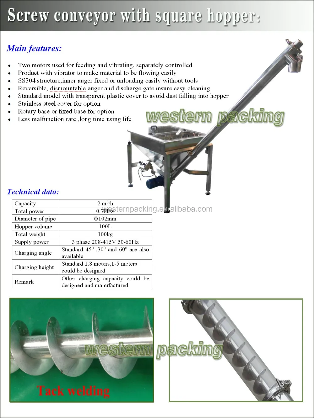 Vibrating screw conveyor with square hopper