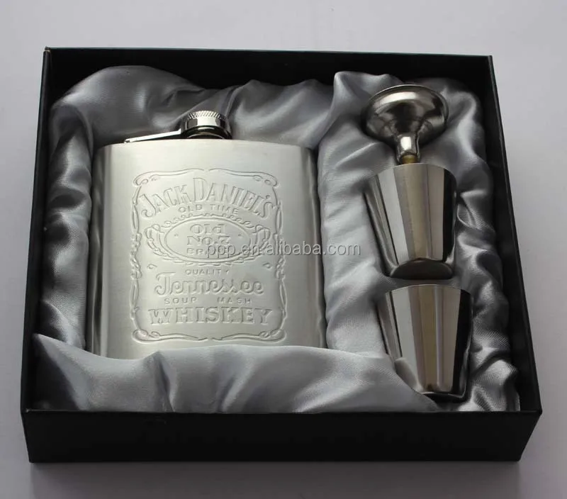 6oz Embossed Mini Flask Set With Funnel And Cups Gift Box Packing Hip