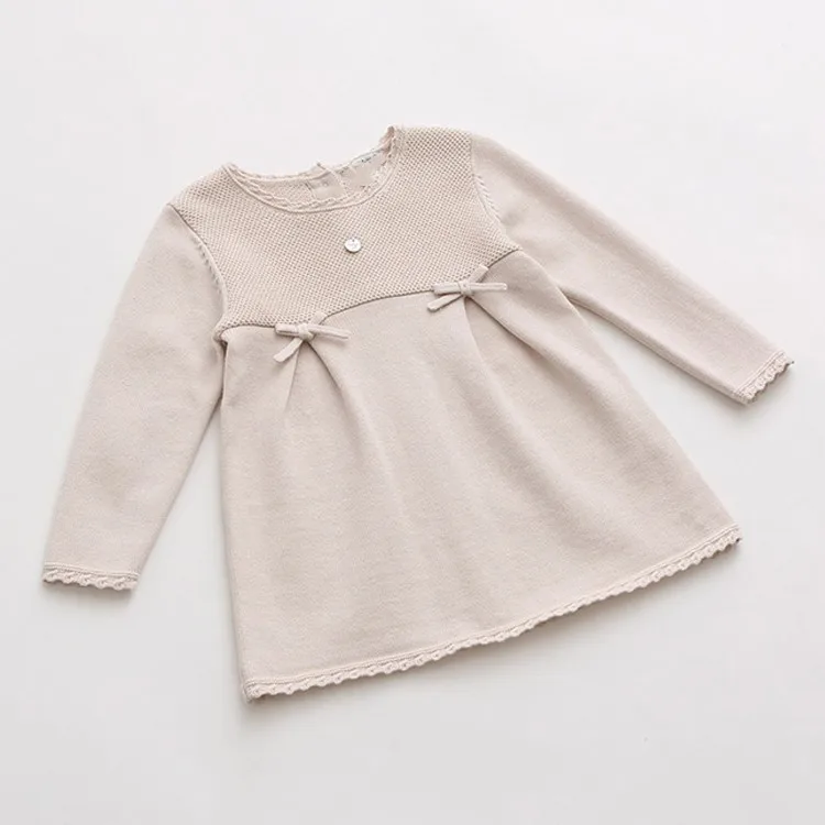 Manufacturer Custom Cute Long Sleeve Bow Baby Girls Knitted Autumn Sweater Dress Girls Dresses