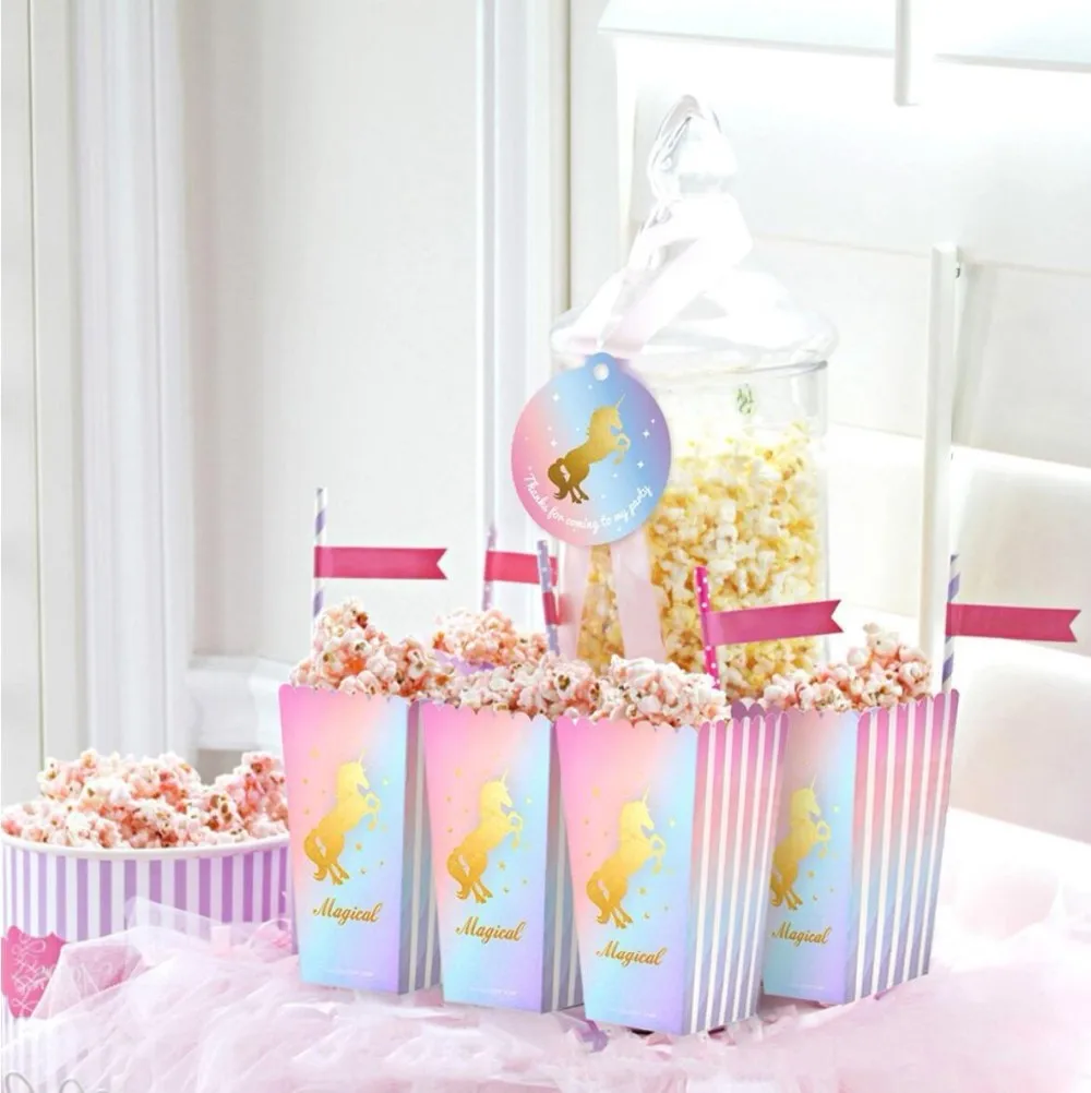 24 Unicorn Popcorn Boxes W GOLD Foil For Birthday /& Baby Shower Favors Magical D