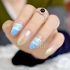 Clear French Stiletto Fake False Nails Blue Sky White Cloud Pattern Shiny Gold Glitter Pre Design Nail Tips For Bride Party