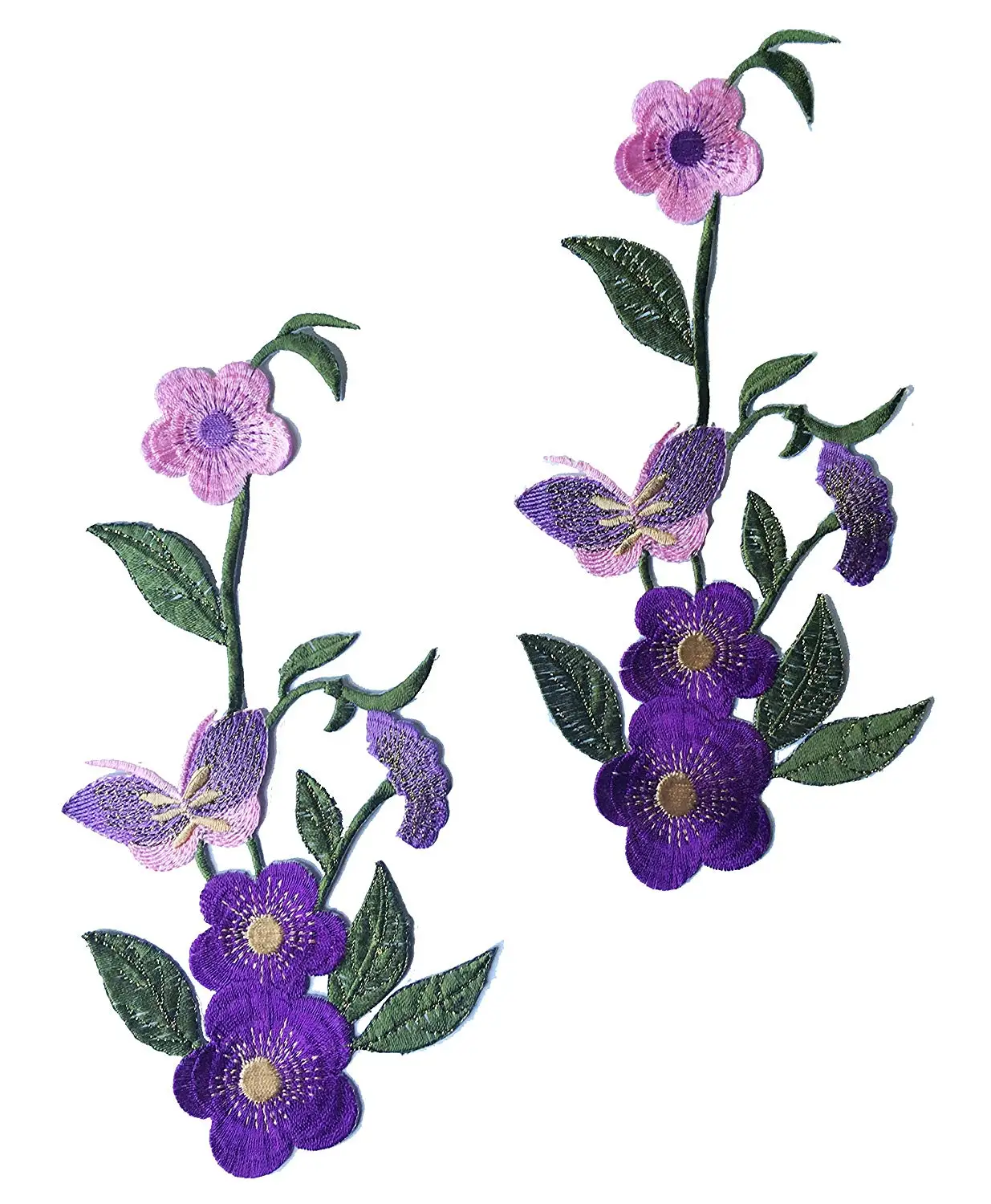 Two Flower with Butterfly Iron on Embroidered Appliques Fabric Motifs, Craft, Sewing, Embroidery Patches,Embroidered Lace Fabric Ribbon Trim Neckline Collar (Purple)