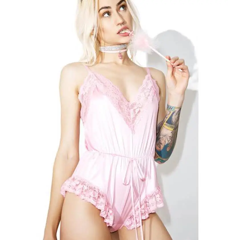 Pink Lingerie For Women V Neck Lace Sleepwear Lace Bodysuit