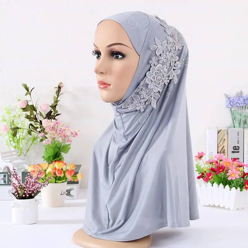 Shawl Lace Flower Islamic Hijab Turban Headscarf Rhinestone Muslim Scarf 