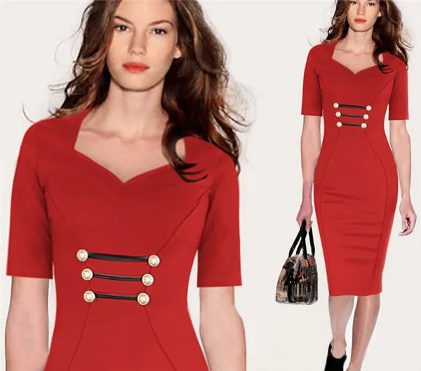 Fashionable Office Dress Ladies Buttons Short Sleeve Work Dress Real