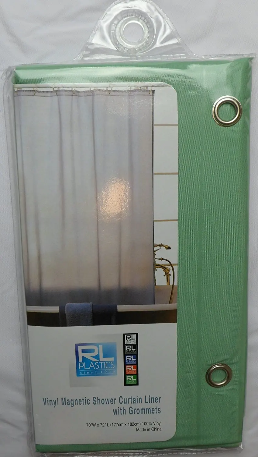 RL Plastics 100% Vinyl Jade Magnetic Shower Curtain Liner with Grommets, Mildew and Water Resistant Standard Size 70" X 72"