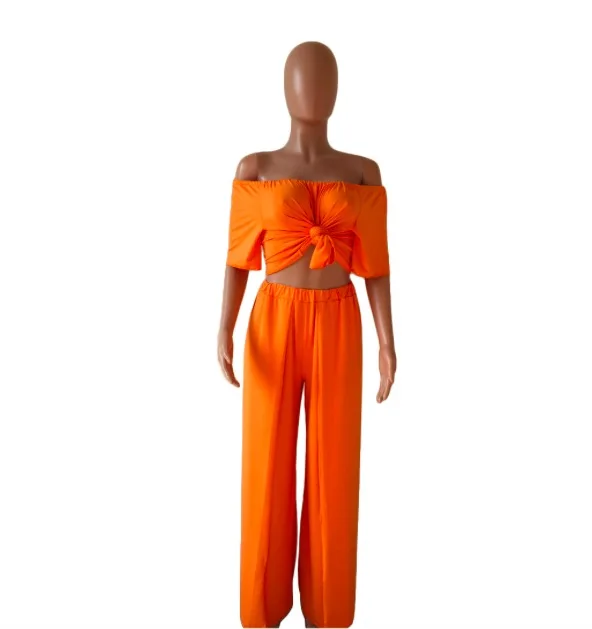 2019 Summer Women Off Shoulder Crop Top Wide Leg Pants Fashion Romper Jumpsuit Two Piece Set