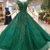 Hiqh Quality Embroidery Lace Emerald Green Evening Dresses Ruched Skirt Ball Gown Corset Long Prom Gown