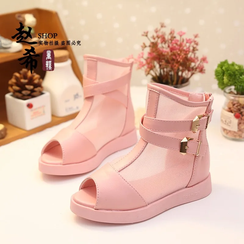 2016 Elegant Children High Leather Patch Sandals Summer Fashion Girls Fish Head Shoes Kids Breathable Mesh