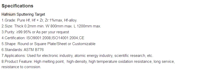 High Quality ASTM B776 high purity Hf hafnium plate / Sheet Price.png