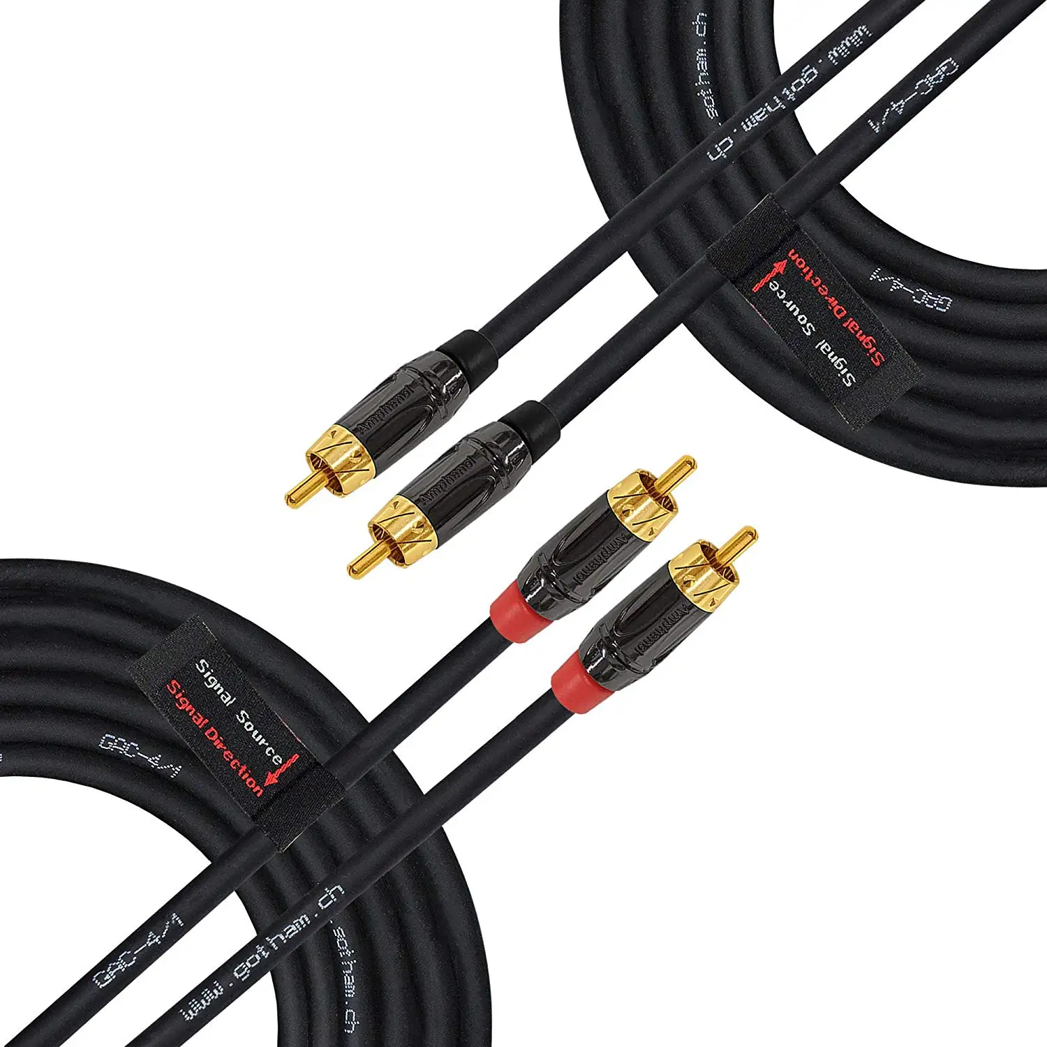 25 Foot RCA Cable Pair - Gotham GAC-4/1 (Black) Star-Quad Balanced Audio Interconnect Cable with Amphenol ACPL Black Chrome Body, Gold Plated RCA Connectors - Directional