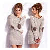 Ladies Elbow Patches Crew Neck Pullover Jumper Dress Ribbed Sweater Dress With Elbow Patch