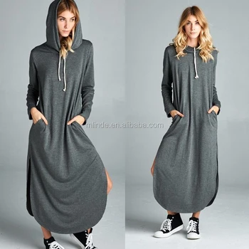 Women Long Sleeve Hoodie Sweatshirt Maxi Dress Pullover Pockets Sweater Casual Fit Dresses Wholesale Custom Long Dresses , Buy Long Casual