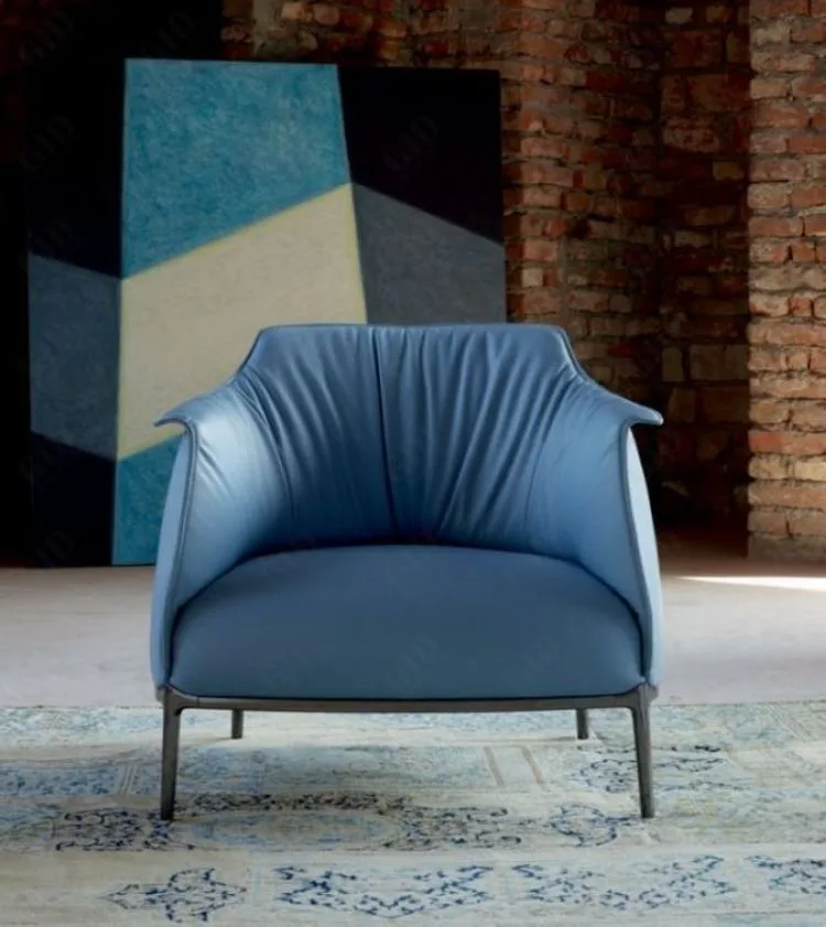 Nordic Style Cafe Reception Leather Chair Leisure Chair Living Room Modern Genuine Leather Sofa Legs Metal Furniture