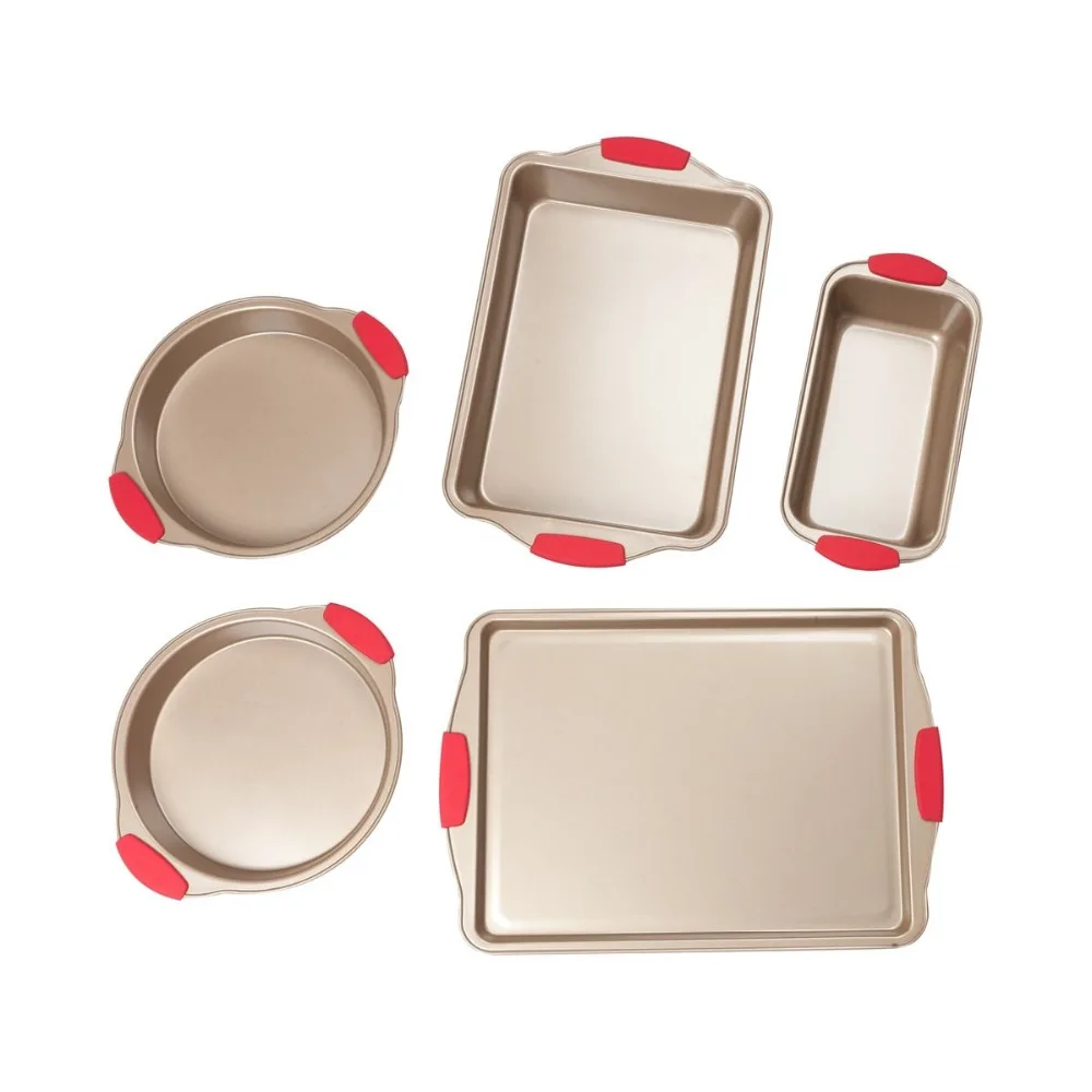 
Nonstick Gold Carbon Steel Essentials Bakeware Set with Red Silicon Grips 