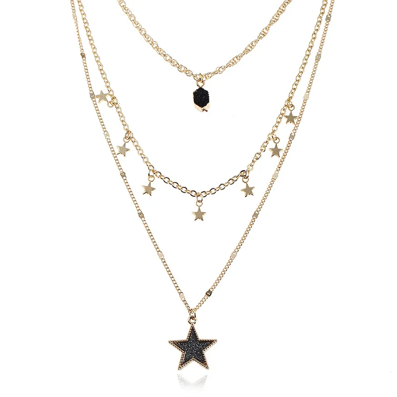 Wholesale Pentagram Sequins Pendant Necklace Women Gold Plated Chain Multilayer Star Women Boho Necklace Jewelry