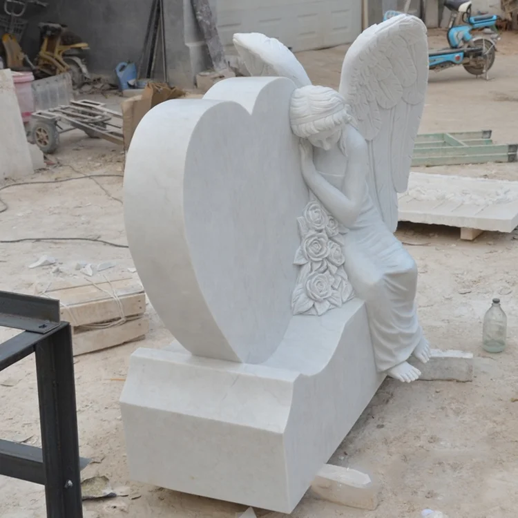 Hot Sale Life Size Granite Angel Statues Kneeling On The Headstone Base