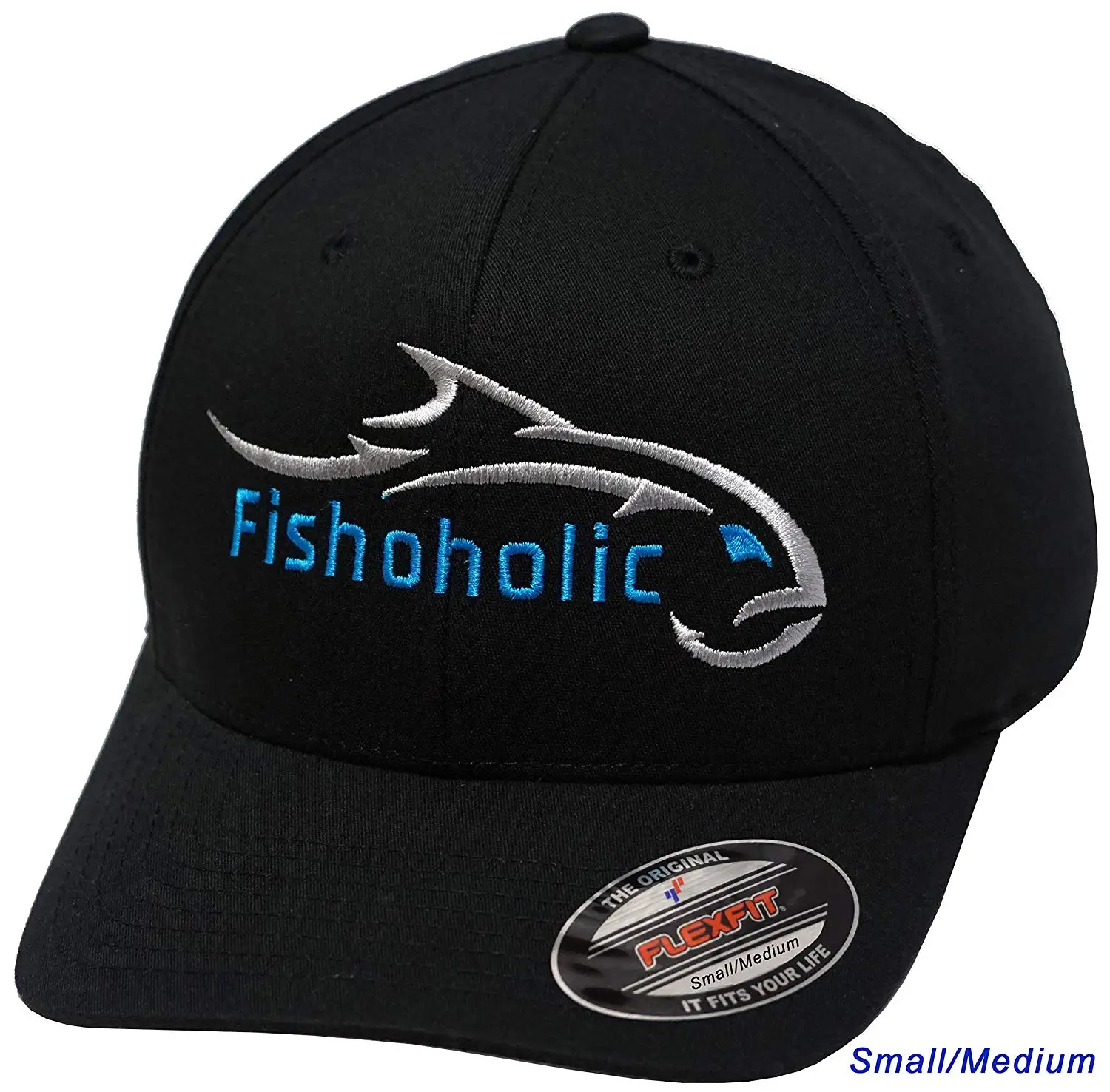 Fishoholic Flexfit Black Baseball Fishing Hat w' Silver & BLUE Embroidery Front & Back. Small/Medium. Great Gift. Fishaholic USPTO Registered (R) Trademark. (FF-blk-SlvBLUE-S/M)