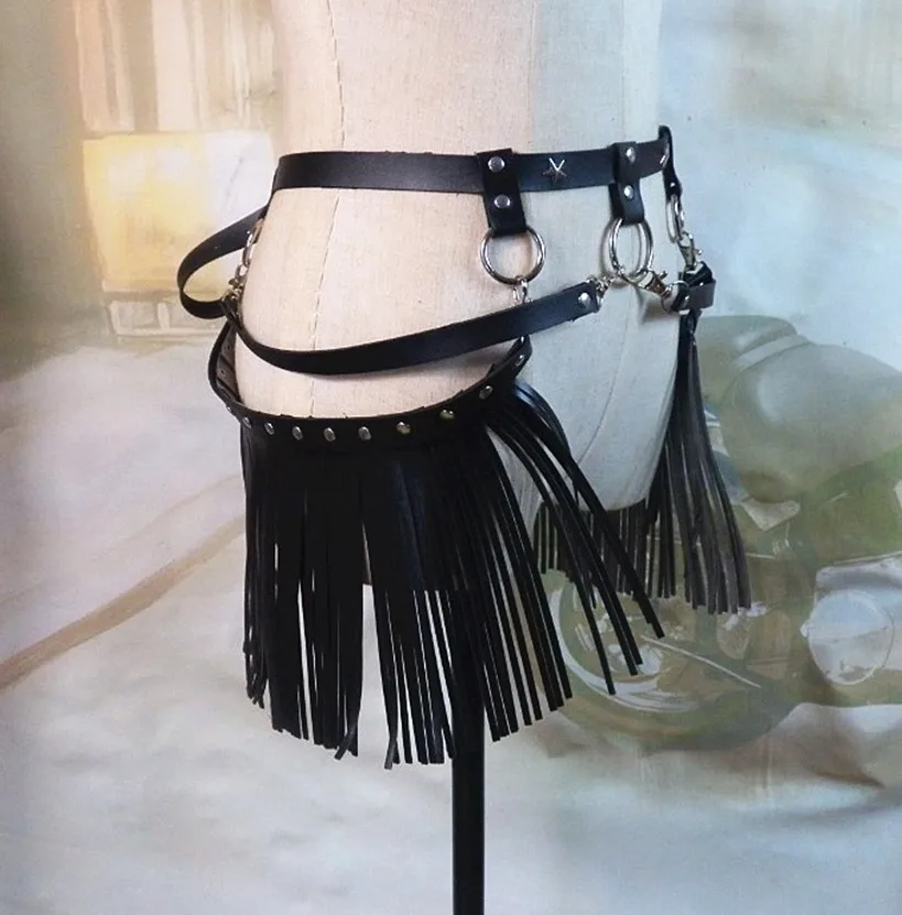 Hot Sale Handmade Tassel Pu Leather Harness Waist Belts Women Sexy Punk Body Bandage Skirt Belt 