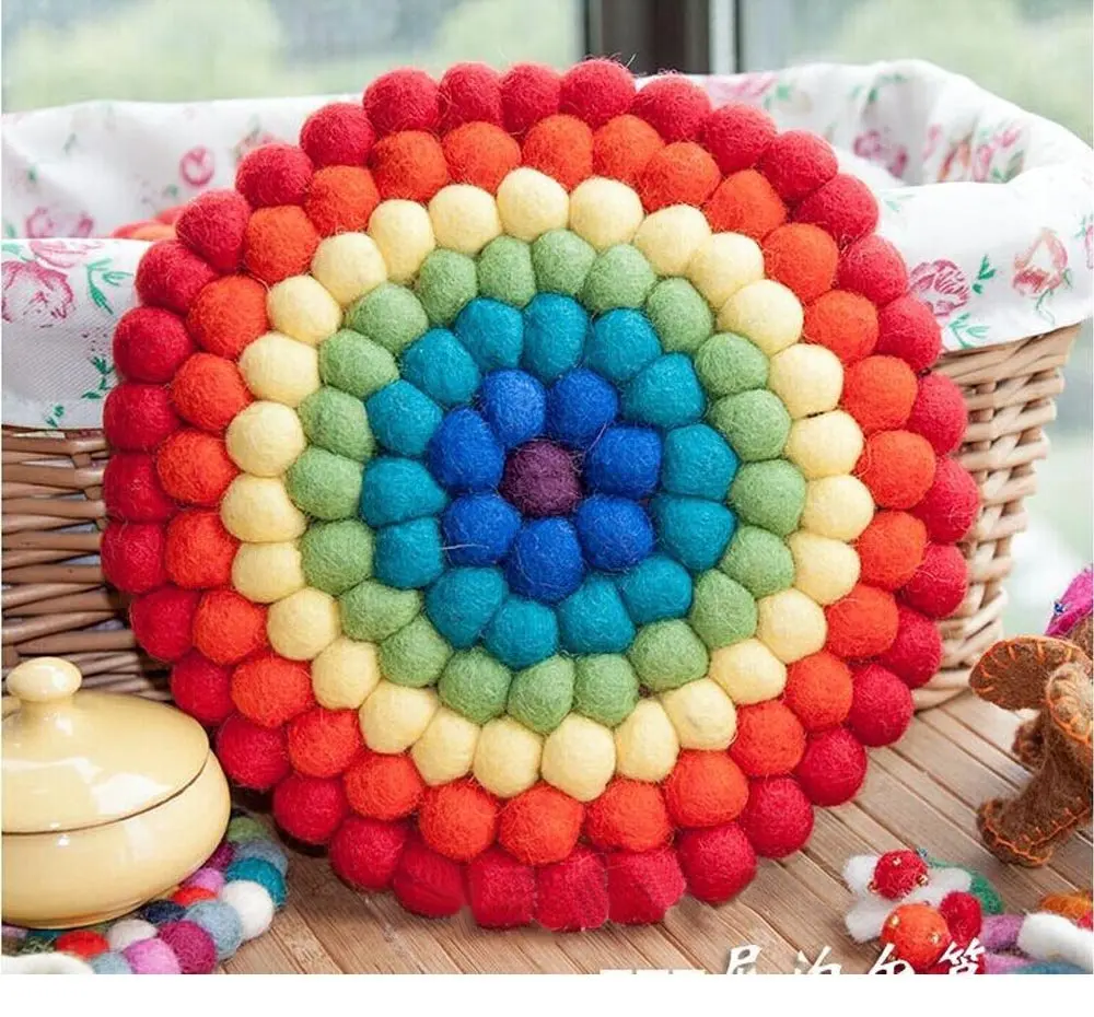 
Rainbow-colored Wool Felt Balls Coasters,placemats,coffee Coasters 