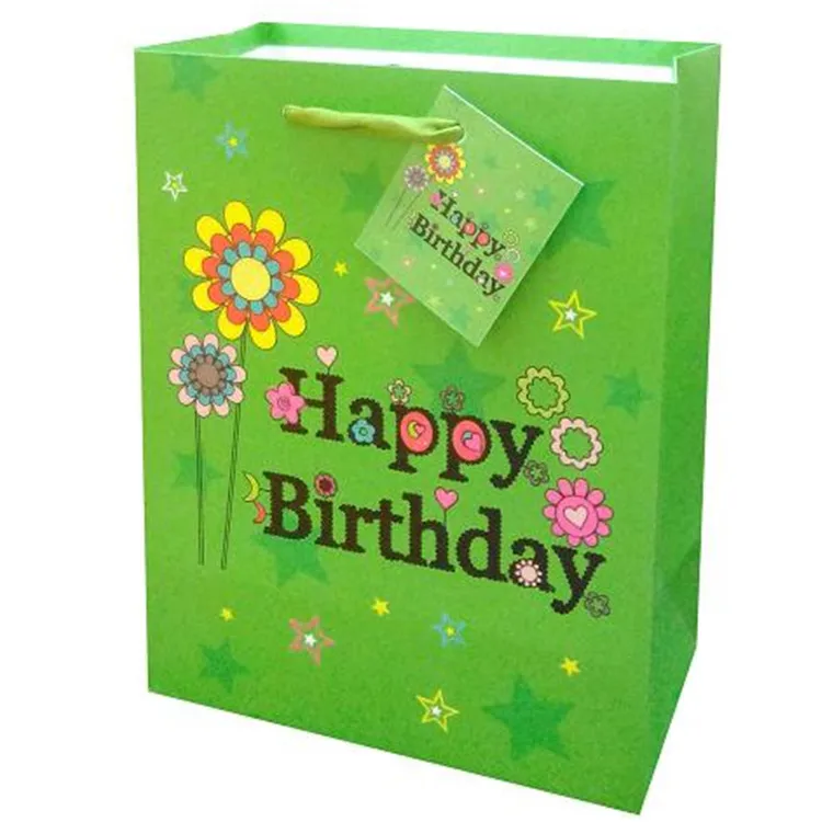 Embossing Reusable Double Handle Yellow Happy Birthday Paper Gift Bags