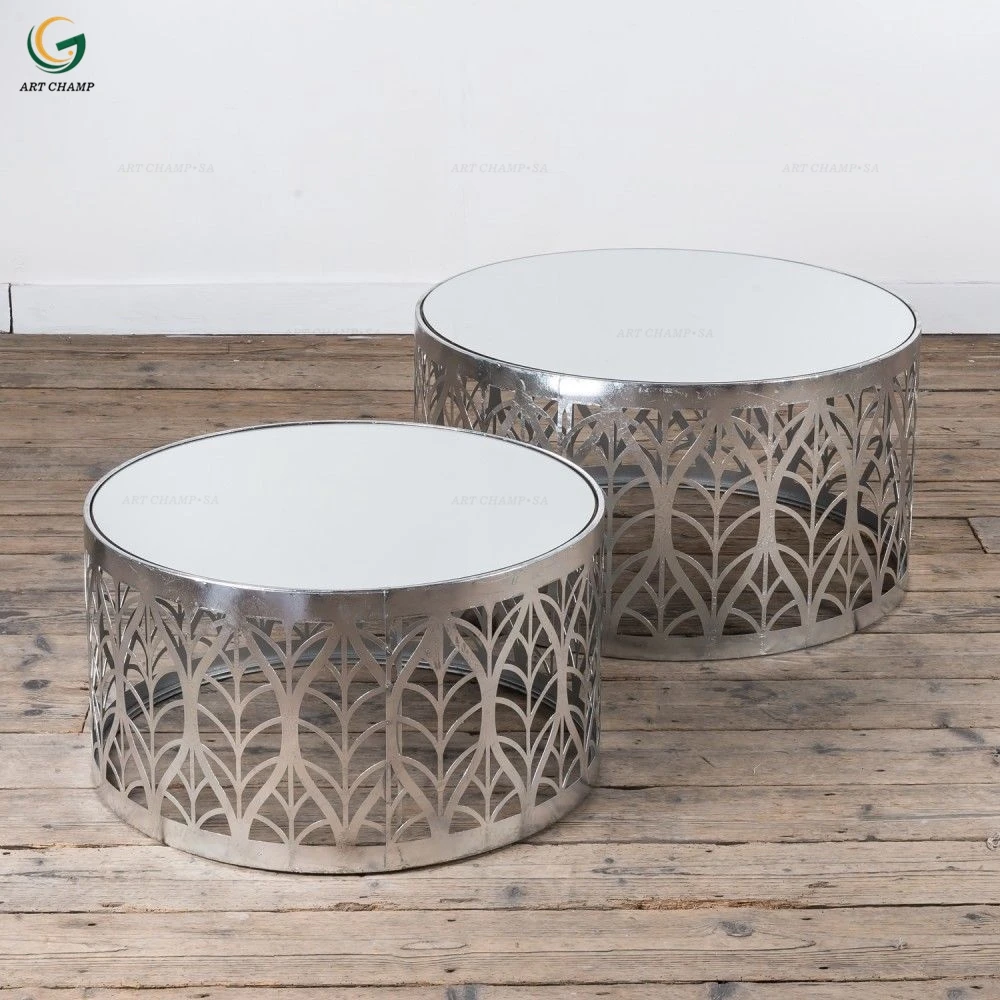Set 2 Leaf Art Deco Style Silver Metal Gl Top Round Side Coffee Set 2 Leaf Art Deco Style Silver Metal Gl Top Round Side Coffee Table For Hall Furniture