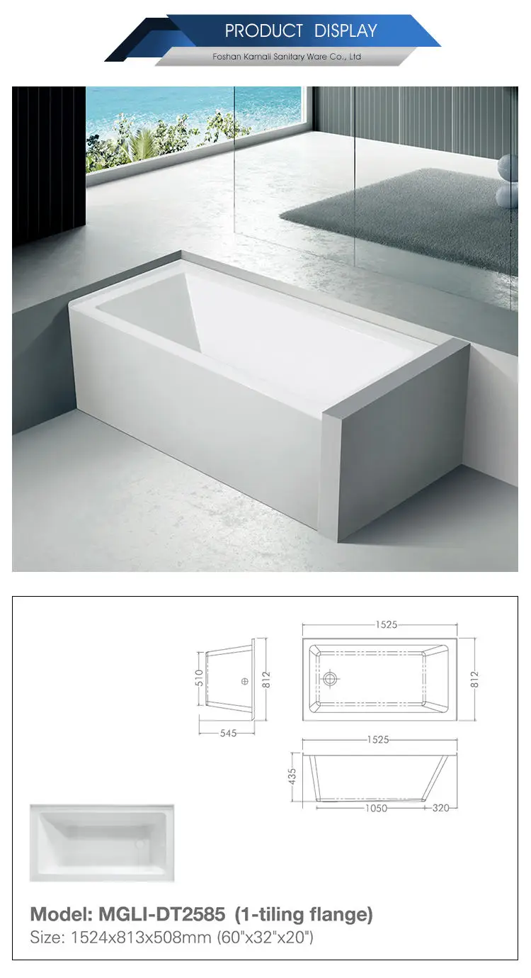 High Quality Normal Design Factory Price Customized Wholesale Hotel Acrylic Material 1 Tile Flange Skirt Bathtub for Bathroom