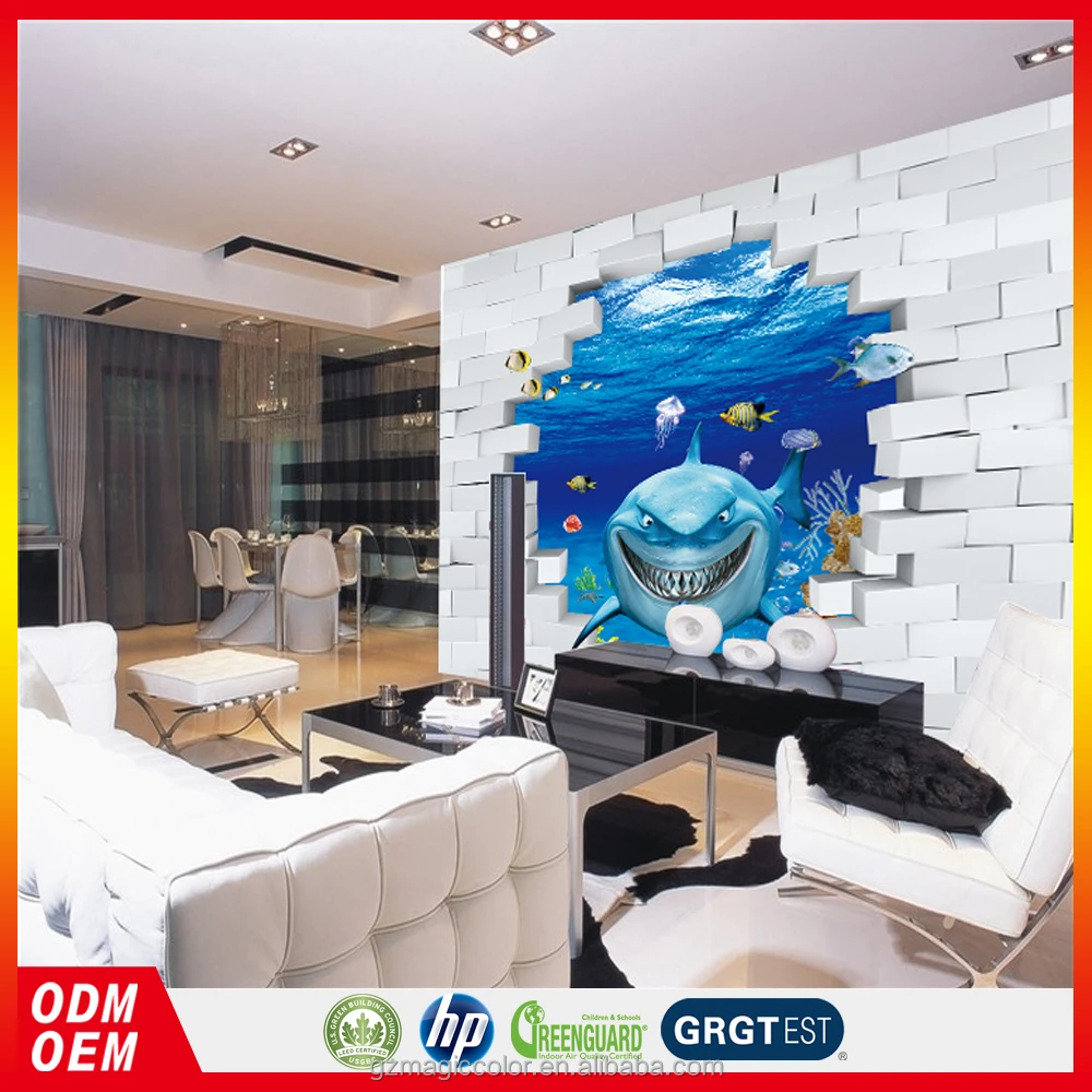 3d shark pesce bambini carta da parati cermin kertas dinding ...