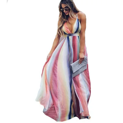 CY-25 2019 summer hot selling fashion sexy sleeveless Deep v-neck Bohemian style rainbow stripe Women dress