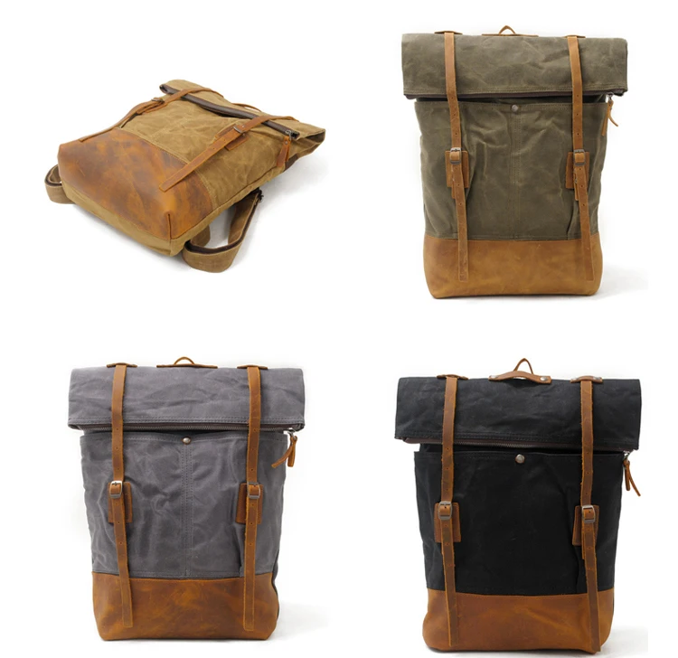 Outdoor design brand vintage water resistant unisex waxed canvas back pack satchel rucksack backpack bag with leather trim