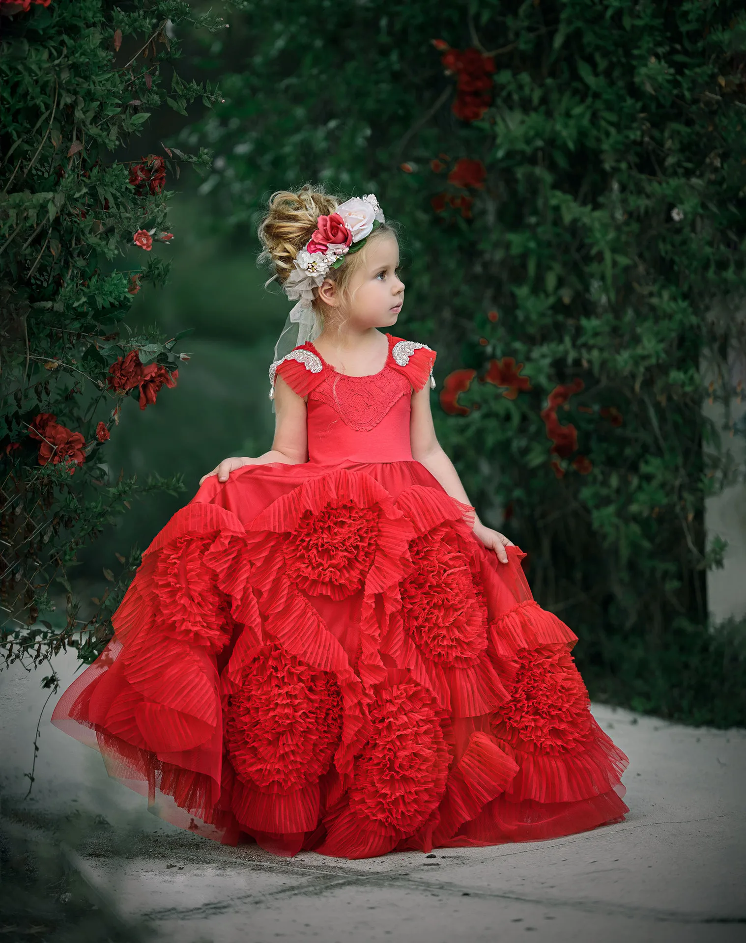 Lsw155 Oem Princess Little Girls Dresses With Flowers And Red Kids Ball