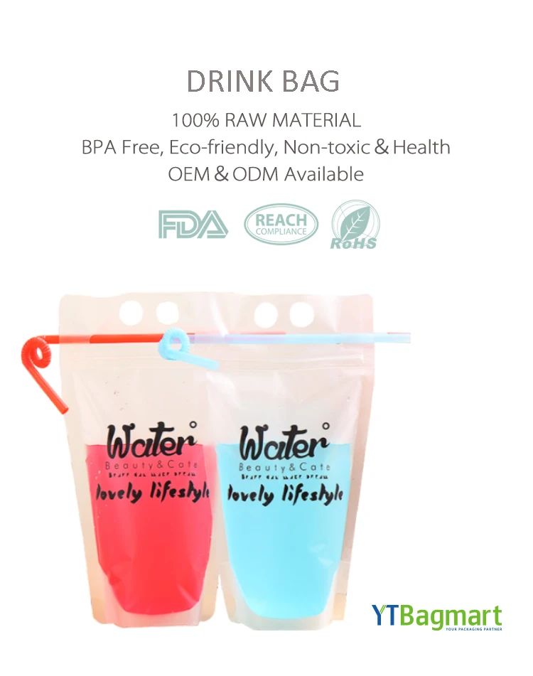 Disposable Beverage Bags Packaging Clear Plastic Stand Up Ziplock Drink