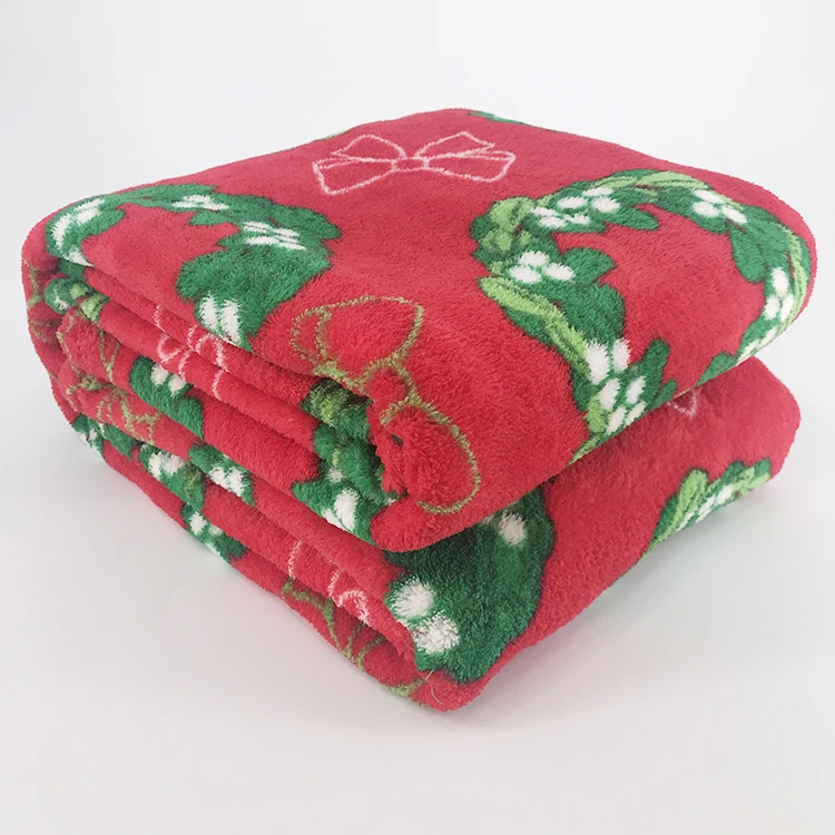 Merry Christmas Style Printed Plush Plaid Coral Fleece Throw Blanket