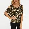 Camouflage Scoop Neck Cold Shoulder Tie-up at Back Tee Women