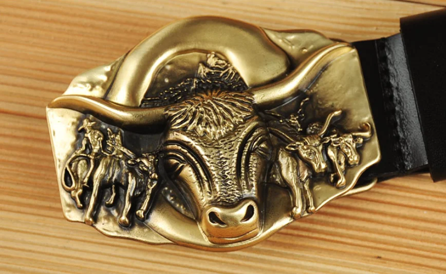 3.8cm Width Solid Brass 3d Bull Head Western Buckle Cow Leather Belts