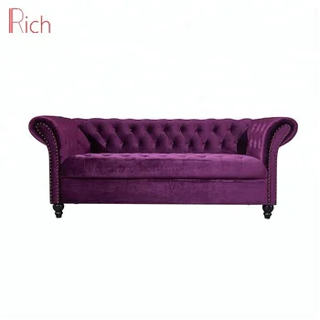 Comfortable Design Velvet Seater Sofa Set Purple Chesterfield In Living Room