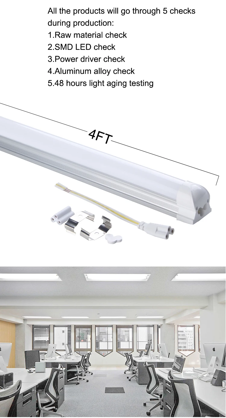 t8 integrated led tube light with Good heat dissipation Commercial Aluminum PC 4FT G13 18W 1800LM 1.2M 85-265V 0.95PF